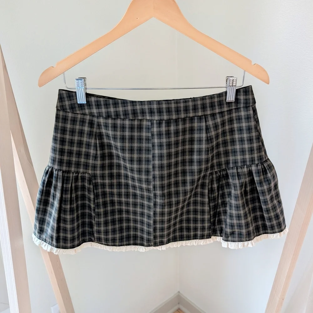 NWT Zara Plaid Checkered Lace Ruffle Hem Mini Skirt In Green - M